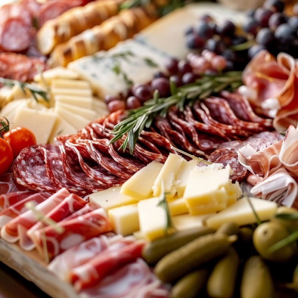 tablero de charcuteria con una variedad de carnes y quesos